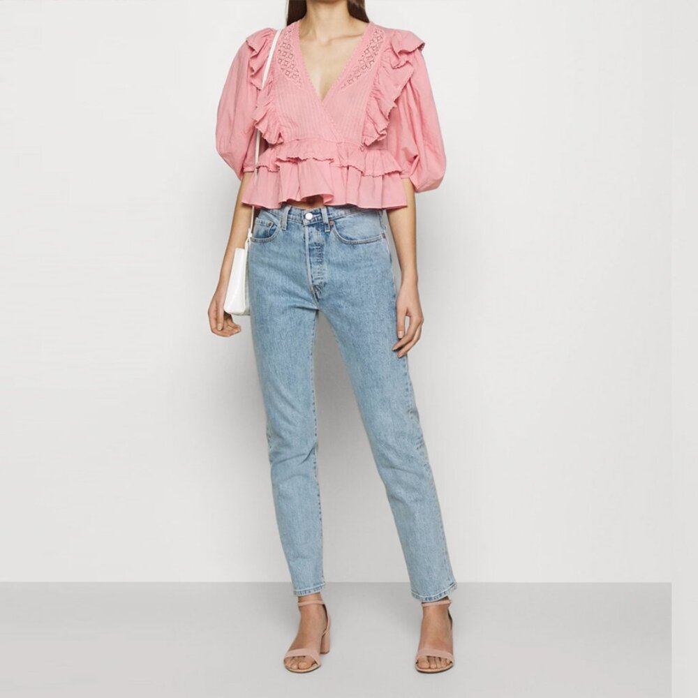 FARM Rio Blush Pink Puff Sleeve V-Neck Blouse - Picture 4 of 14